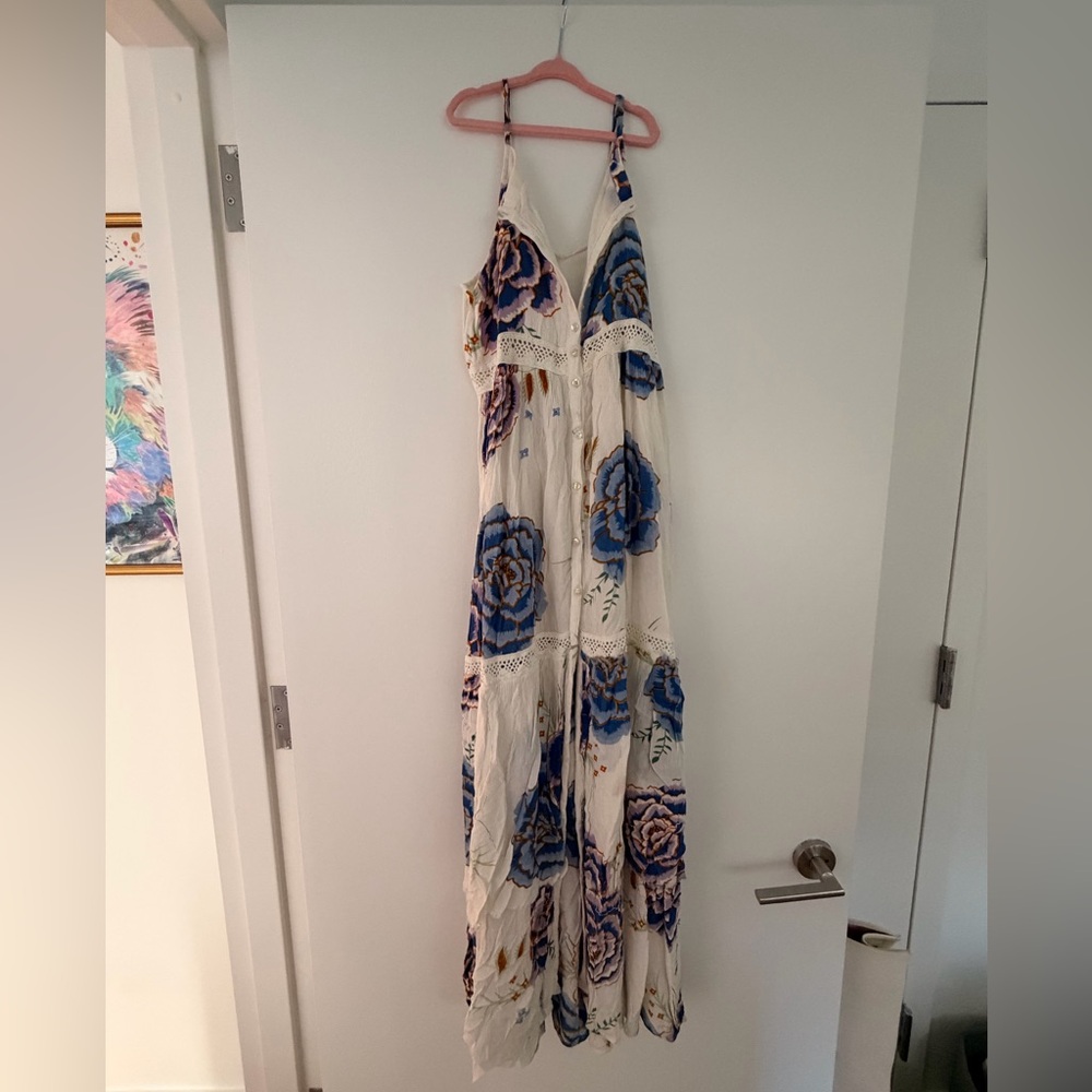 FARM Rio Boho Floral Maxi Dress in Cream and Blue